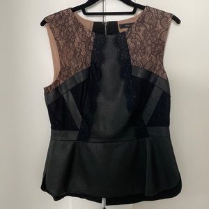 BCBG Black pleather and lace peplum top